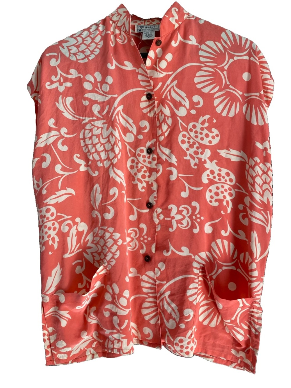 Avanti Silk Mandarin Collar Tropical Pineapple Shirt Medium Coral Pink Button S